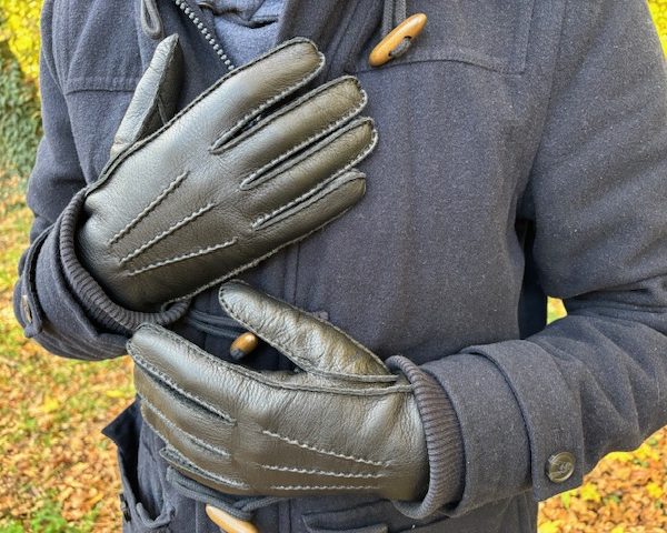 Men's rabbit fur lined winter gloves deerskin touchscreen black brown camel cognac tan
