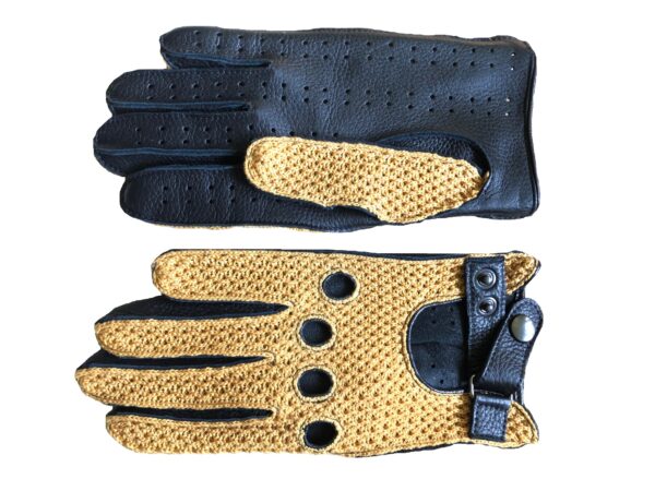 Men;s black yellow deerskin crochet driving gloves