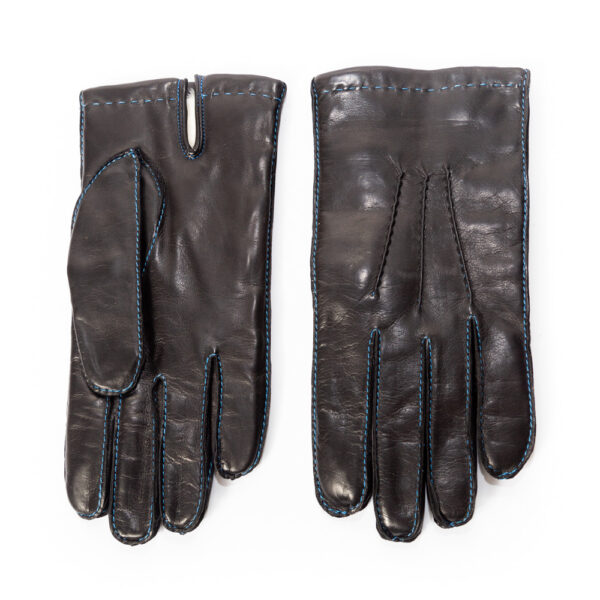 men's black leather gloves with rabbit fur lining and sewn