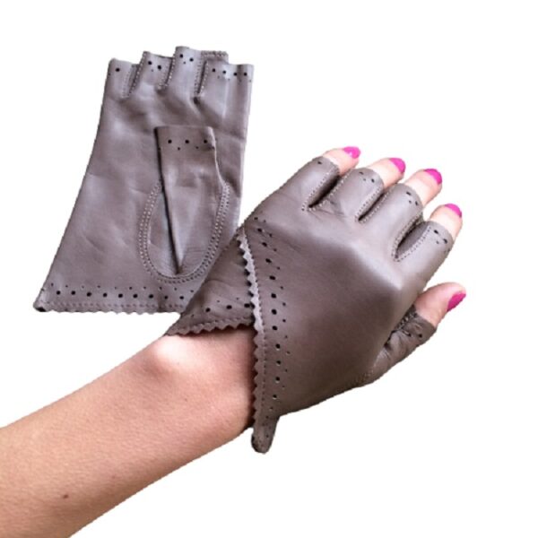 women's fingerless leather gloves taupe color
