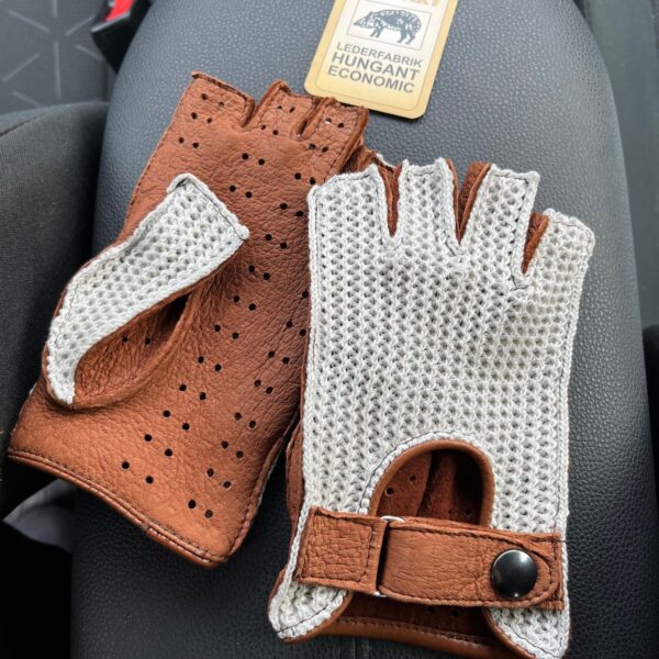 cognac fingerless peccary leather gloves withcrochet top