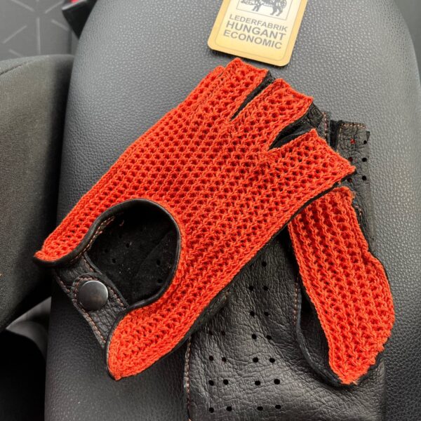 black peccaryfingerlessleather gloves with orange crochet